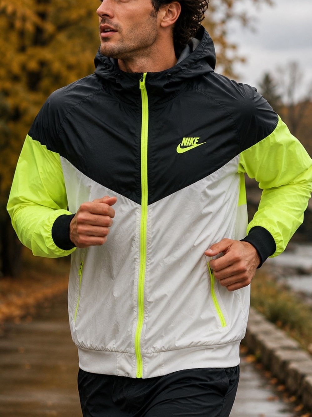 Nike Windrunner Jacket XL Black White Volt Hooded Full Zip Windbreaker Running